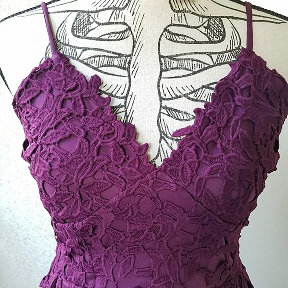 LOVE...ADY Lace Dress S Midi Spaghetti Fit Flare Wine Overlay 2/4 Aqua NWOT 50s - Picture 4 of 14